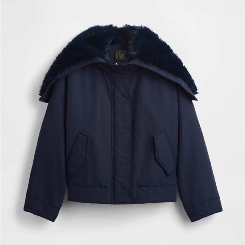GAP Studio Women's Dark Blue Bomber Jacket with Faux Fur Trim